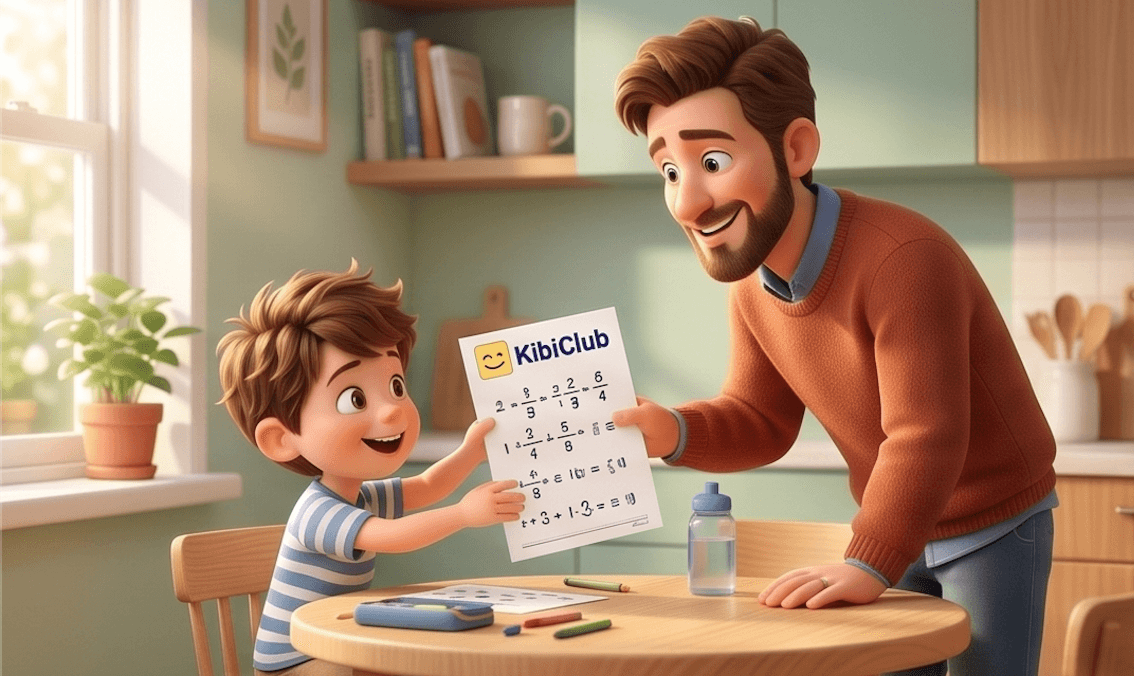 Parent and child reviewing a Kibi Club worksheet together at the table