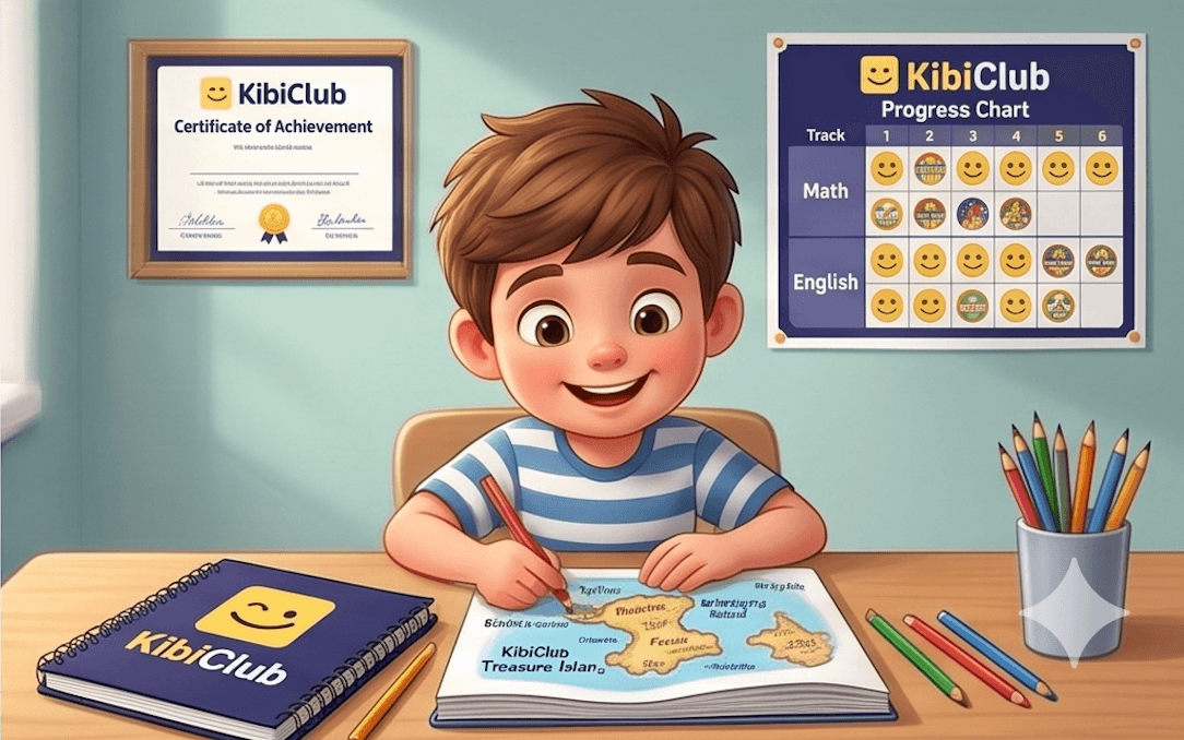 Child working on a Kibi Club learning activity with progress chart and certificate