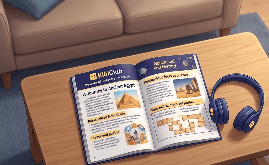 Kibi Club workbook open on a table at home